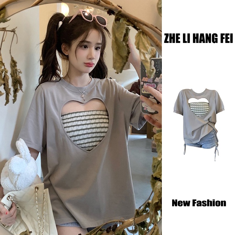 【ZHELIHANGFEI】Áo Thun Ngắn Tay Họa Tiết Kẻ Sọc Thời Trang Quyến Rũ Cho Nữ