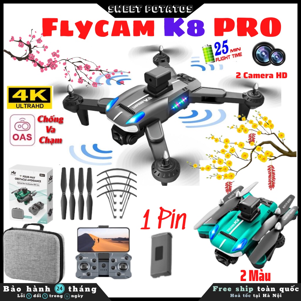 Máy Bay Điều Khiển Từ Xa 4 Cánh K8 Pro - Flycam Mini Giá Rẻ Camera Kép Cảm Biến Tránh Vật Cản, Thời Gian Bay 25 Phút