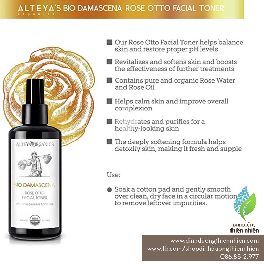 Nước Cân Bằng Da Hoa Hồng Hữu Cơ Alteya Organics Facial Toner Bio Damascena Rose Otto, 200ml