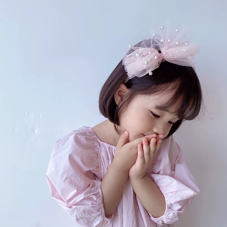 Bờm tóc nơ voan đính hạt trai nhân tạo đáng yêu cho bé gái - L009
