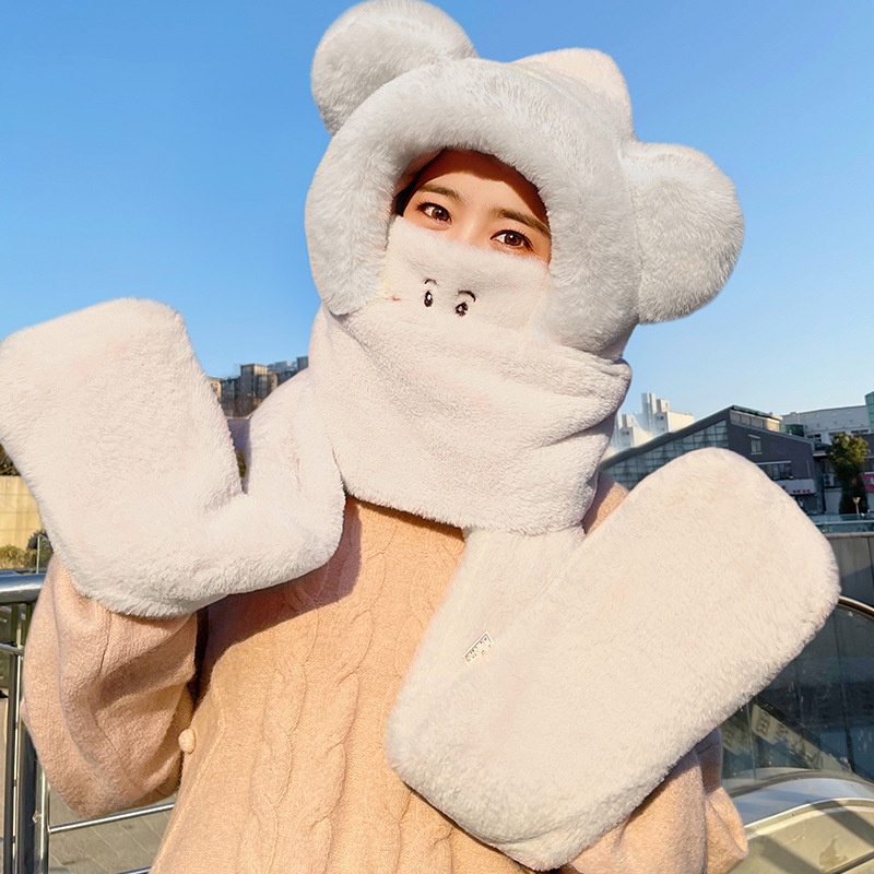 Set Mũ + Khăn Choàng Cổ + Găng Tay + Yếm Ăn Có Nón Hình Gấu Dễ Thương Cho Bé