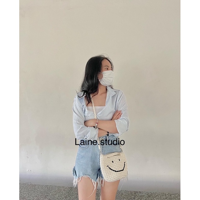 TÚI LEN HANDMADE MĂT CƯỜI . KÈM DÂY ĐEO CHÉO