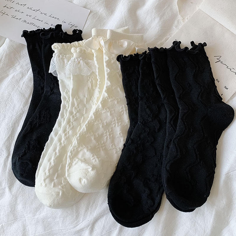 Tất Ống Lửng Phối Ren Và Nơ Màu Đen Phong Cách Nhật Bản Thời Trang Xuân Thu Cho Nữ