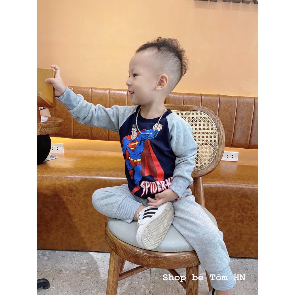 {HÀNG HOT} Bộ nỉ da cá HM dư Xanh than siêu nhân size 11-30kg