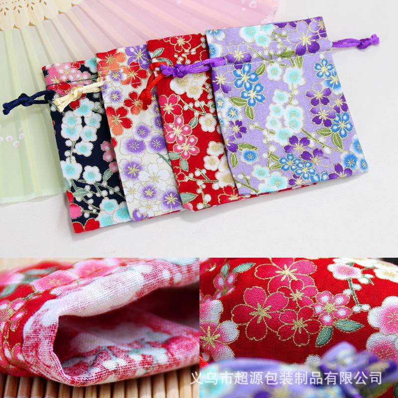 Túi Dây Rút Vải Lanh Cotton Họa Tiết Hoa Anh Đào May Mắn Phong Cách Trung Hoa