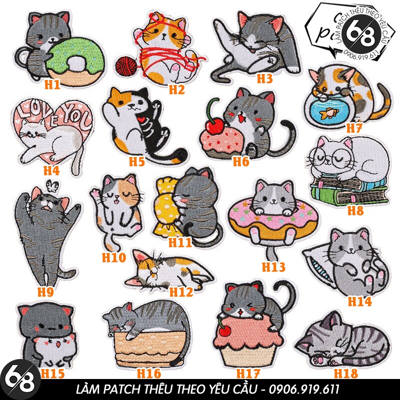 Sticker ủi nhiệt vải thêu logo hình mèo cat dễ thương cute đáng yêu - Patch ủi quần áo balo H47