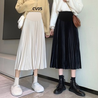 Chân váy bầu xếp ly, chân váy dáng dài, chân váy bầu công sở chất nhung hè thu[ĐẦM BẦU HÀN QUỐC]CV05