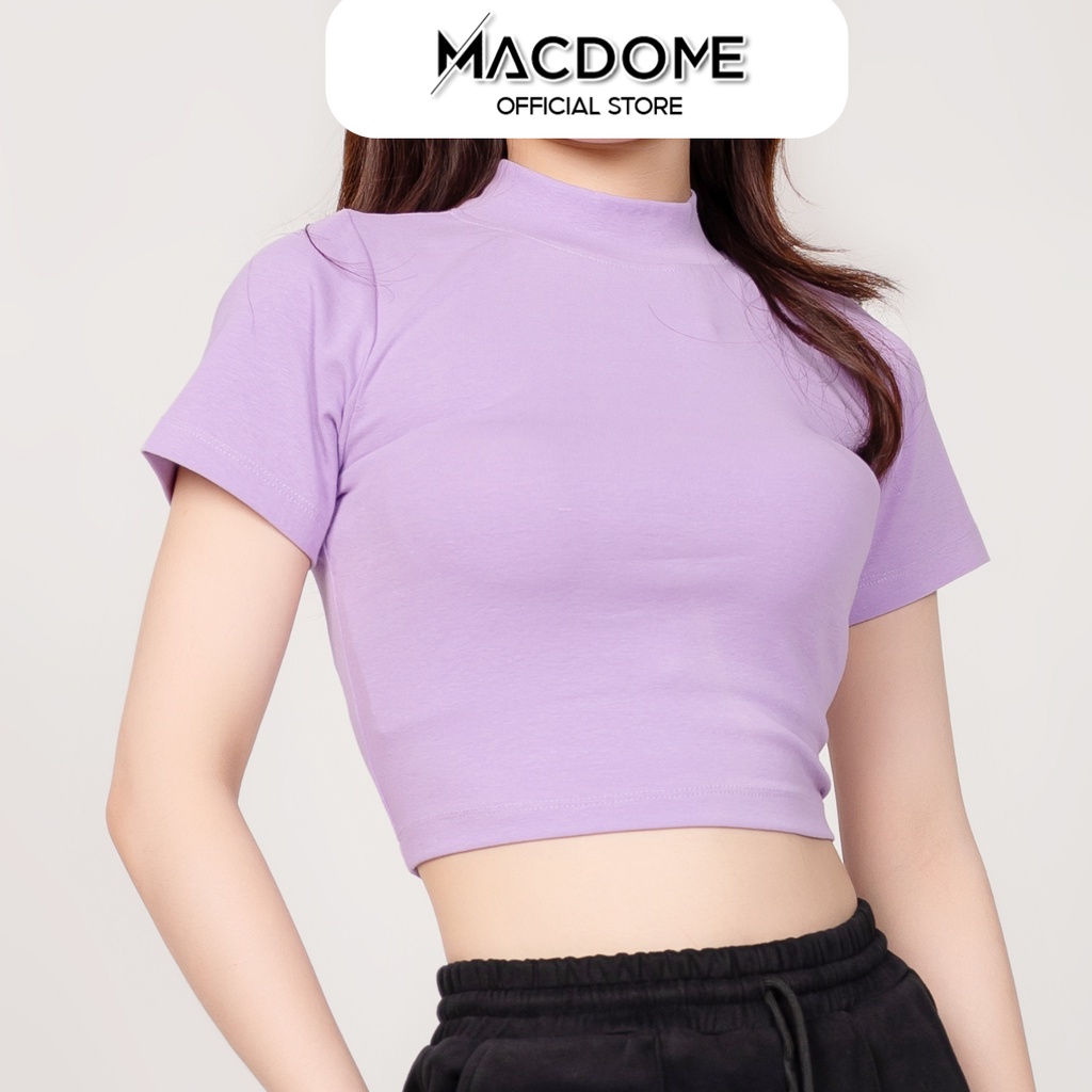 Áo croptop MACDOME cổ tròn cộc tay vải thun ôm body crotop nữ cotton co giãn tốt AC002