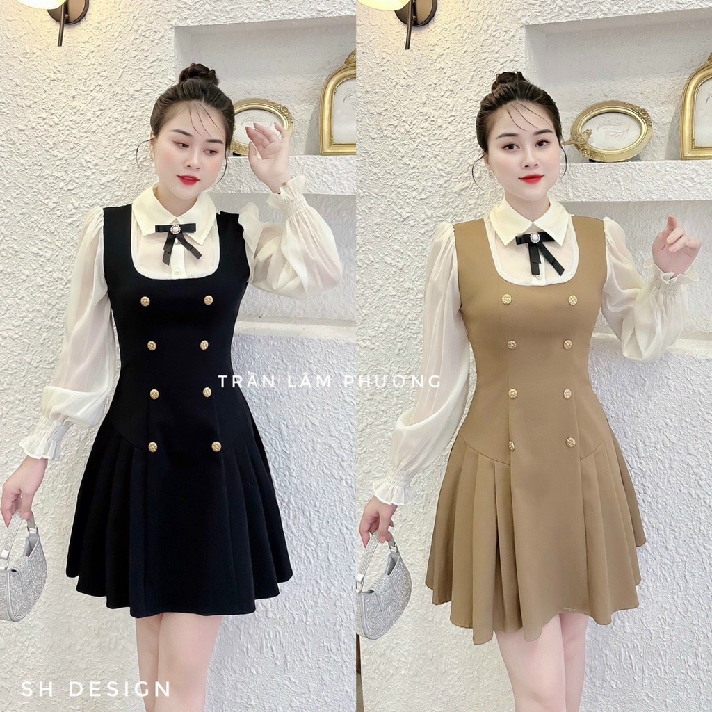 Váy tiểu thư cúc ngọc xếp ly được tặng kèm nơ,Váy đi đám cưới dự tiệc cho giới trẻ, mặc siêu hách tuổi lum