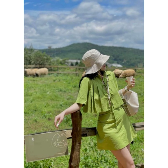 Set bộ áo croptop nơ kèm chân váy chữ a, set bộ năng động hình thật