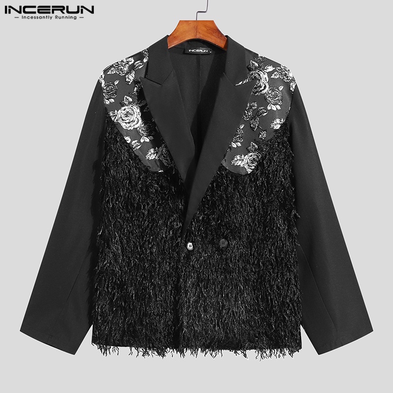 Áo khoác blazer INCERUN tay dài màu đen thêu họa tiết hoa hồng phối tua rua thời trang dành cho nam | BigBuy360 - bigbuy360.vn