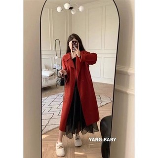 Áo khoác dạ sm đỏ cổ vest tay dài túi chéo dáng dài