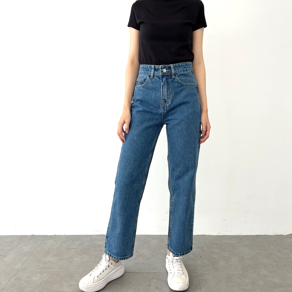 Quần Ống Đứng Jeans Nữ Lưng Cao Form Basic Màu Xanh Đậm Rede - Jeans VNXK B-03,Mom Jeans Nữ Lưng Cao M-02B, M-02E, M-03