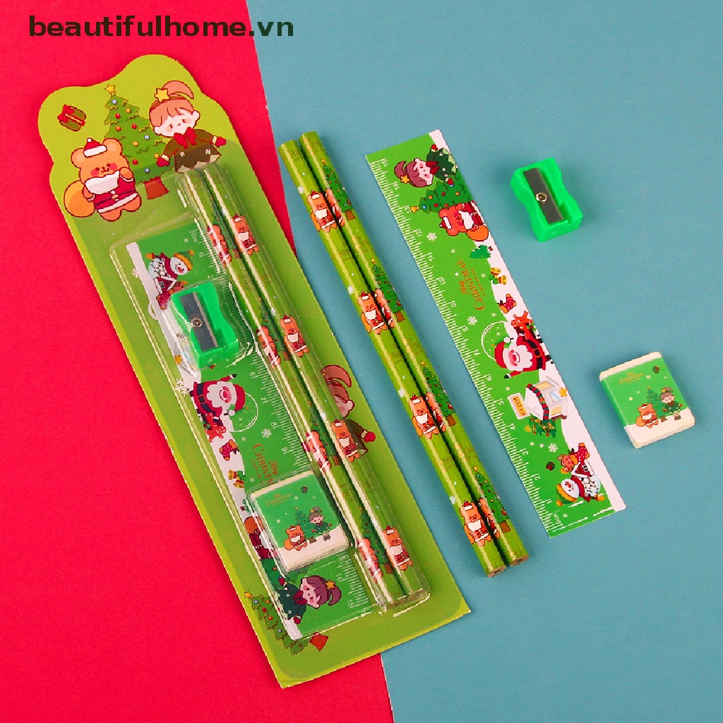 [beautifulhome] 5Pcs/Set Cute Cartoon Stationery Set Christmas Stationery Set Pencil Sharpener Eraser Ruler Set Gift Student Stationery Children's Day Gifts [beauty]