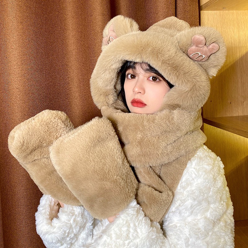 Mũ len trùm đầu Gấu nổi, khăn quàng cổ có mũ và găng tay siêu ấm, bất chấp mùa đông lạnh giá