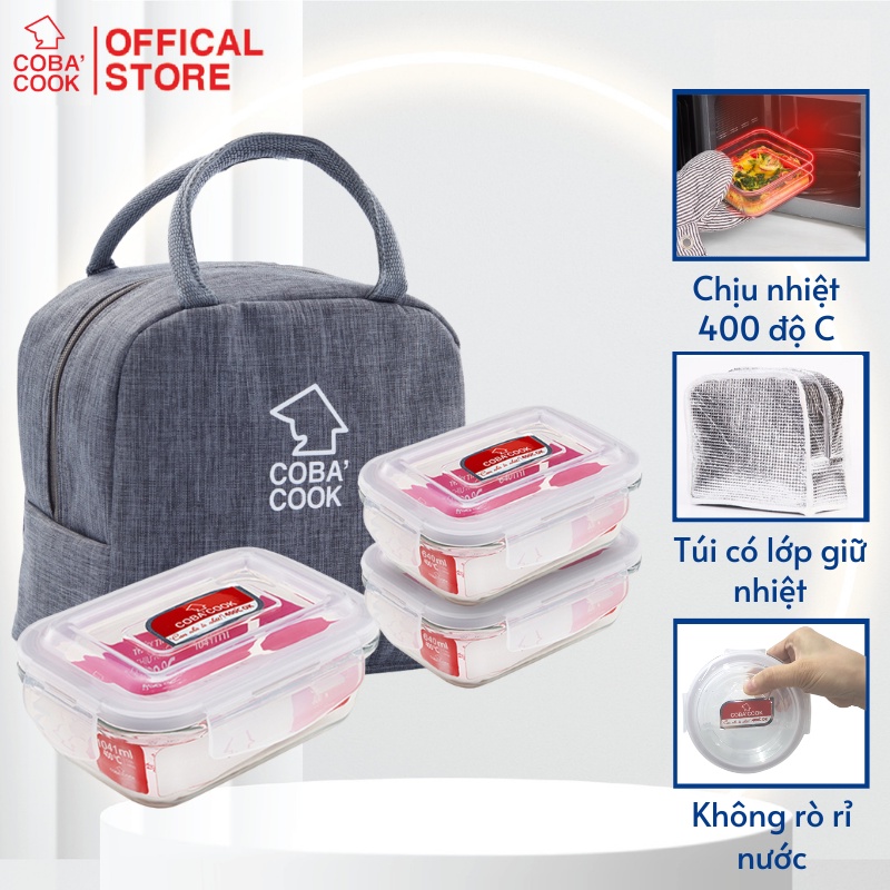 Bộ 3 Hộp Cơm Thủy Tinh Chịu Nhiệt COBACOOK 1 Hộp 1041ml 2 Hộp 640ml Và Túi Giữ Nhiệt- CCL1L63BB