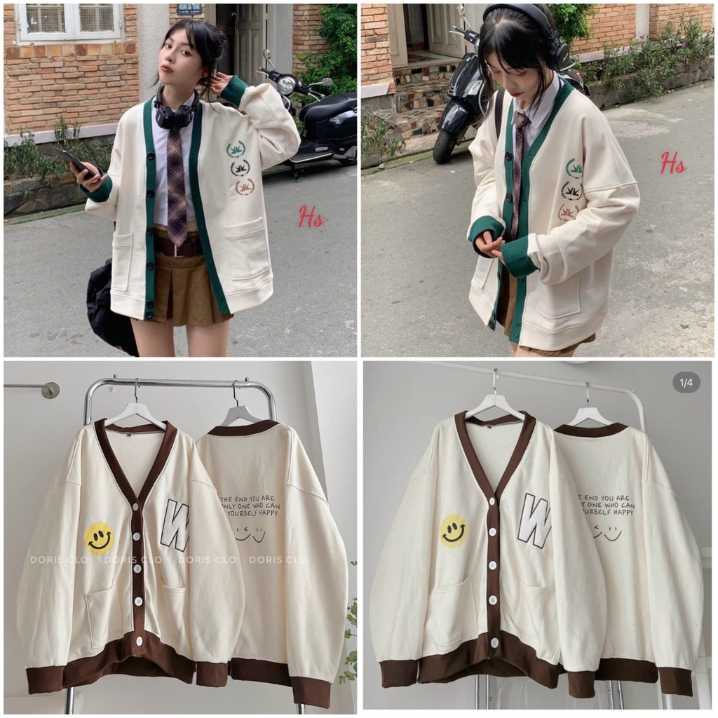 Áo Khoác Cardigan Chữ W mặt Cười kem Phối màu Form Rộng- FREESHIP - Bomber Nỉ Len Nam Nữ Cặp Đôi Thu Đông