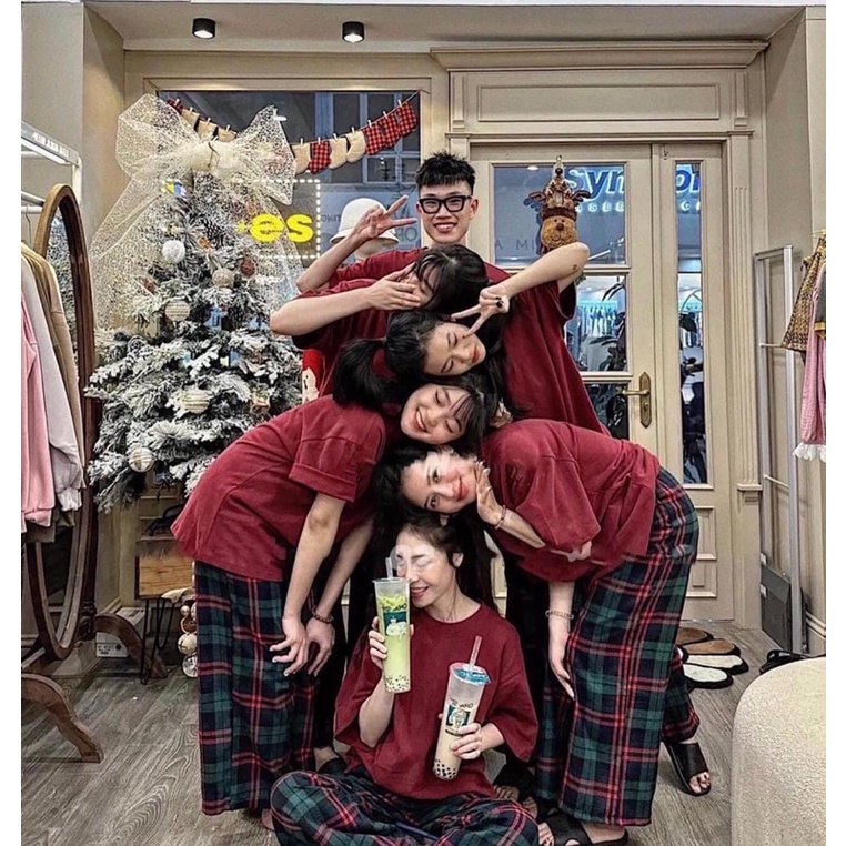 Set áo phông quần caro đỏ gam màu Giáng Sinh (Ảnh thật)