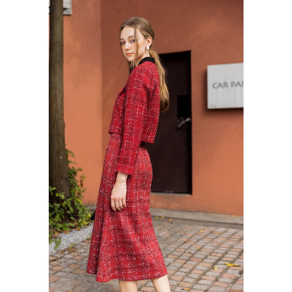 Set vest công sở nữ Lamia Design LE181 dạ tweed màu đỏ đô sang trọng tinh tế