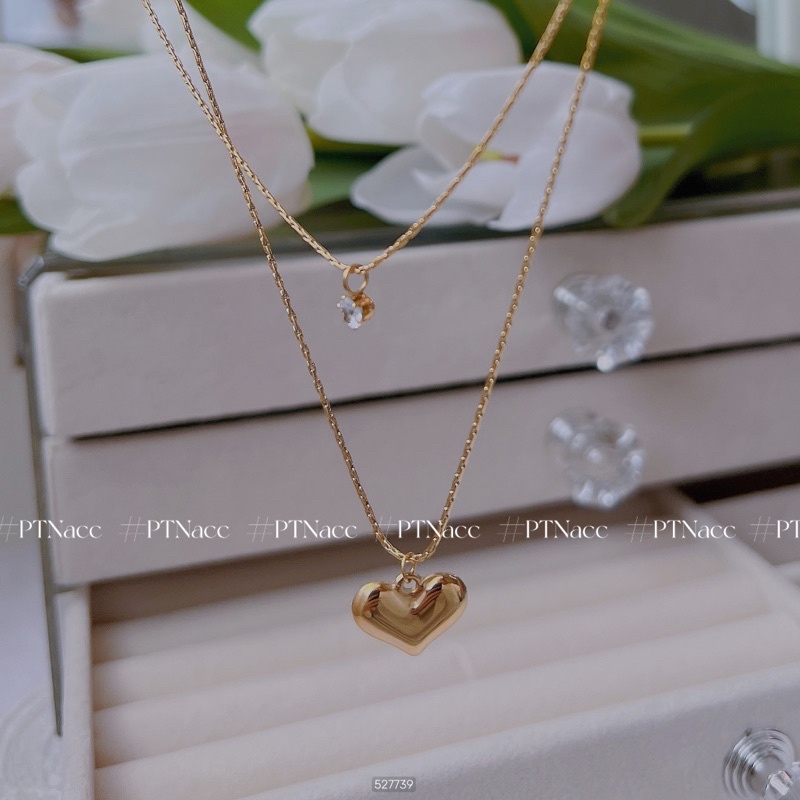 Dây chuyền, vòng cổ titan 2 tầng phối mặt đính đá trái tim kiểu Hàn Quốc .PTNACC.