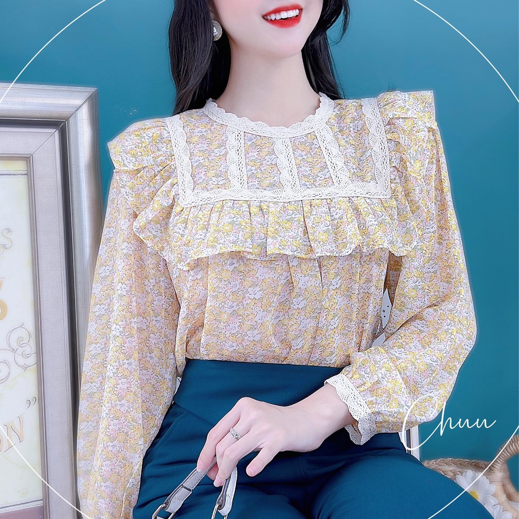 Áo hoa công sở nữ tay phồng viền ren xinh xắn CHUU A8023