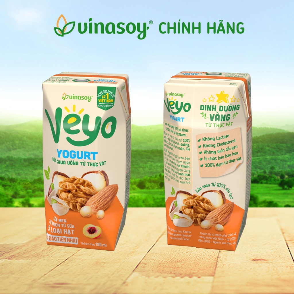 Thùng Sữa chua uống từ thực vật Veyo Yogurt vị Đào Tiên Nhật (30 Hộp x 180ml) - Vinasoy