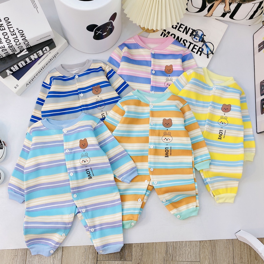 Body nỉ lông bộ liên thân nỉ bông kẻ ngang cúc giữa cho bé