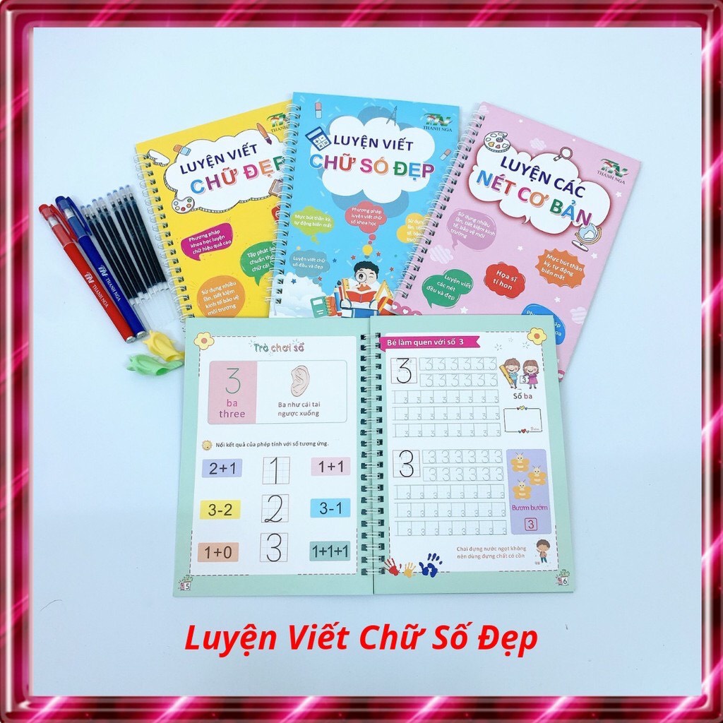 Bộ 3 Quyển Vở Tự Xóa Mực Vở Viết Thần Kì tặng kèm 2 bút và 6 ngòi cho Bé
