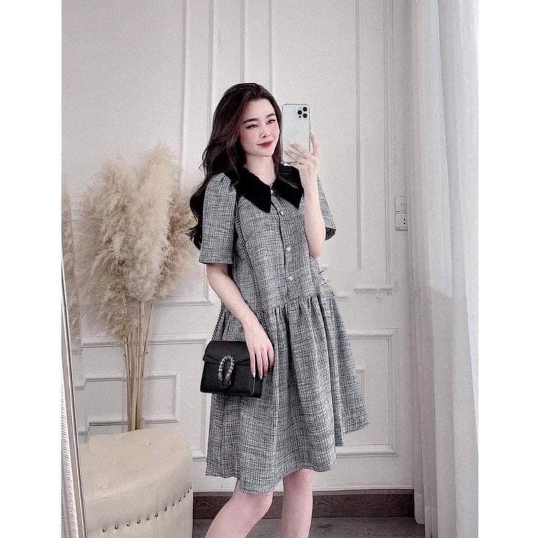 ĐẦM BẦU - VÁY XUÔNG ĐUÔI CÁ THIẾT KẾ NEW chất dạ kẻ đen cho mẹ bầu Freesize 40-75kg