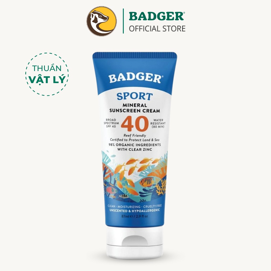 Kem chống nắng vật lý thể thao BADGER Sport Clear SPF 40 - kháng nước mạnh, bảo vệ phổ rộng an toàn san hô - 87mL