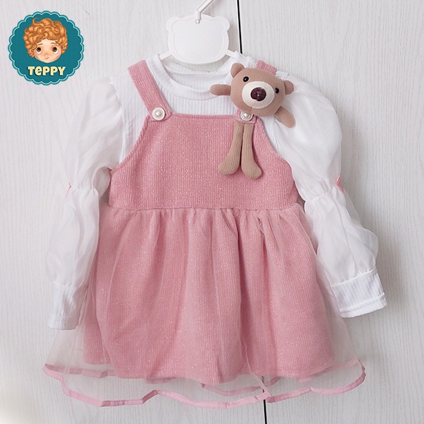 Đầm, váy nhung nhũ hồng kèm gấu, kèm áo