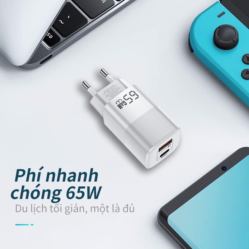Củ Sạc Nhanh Kuulaa GaN 65W - Quick Charge 4.0, PowerDelivery 3.0 - USB-C Cho Macbook, IPhone, Samsung - Hàng Chính Hãng