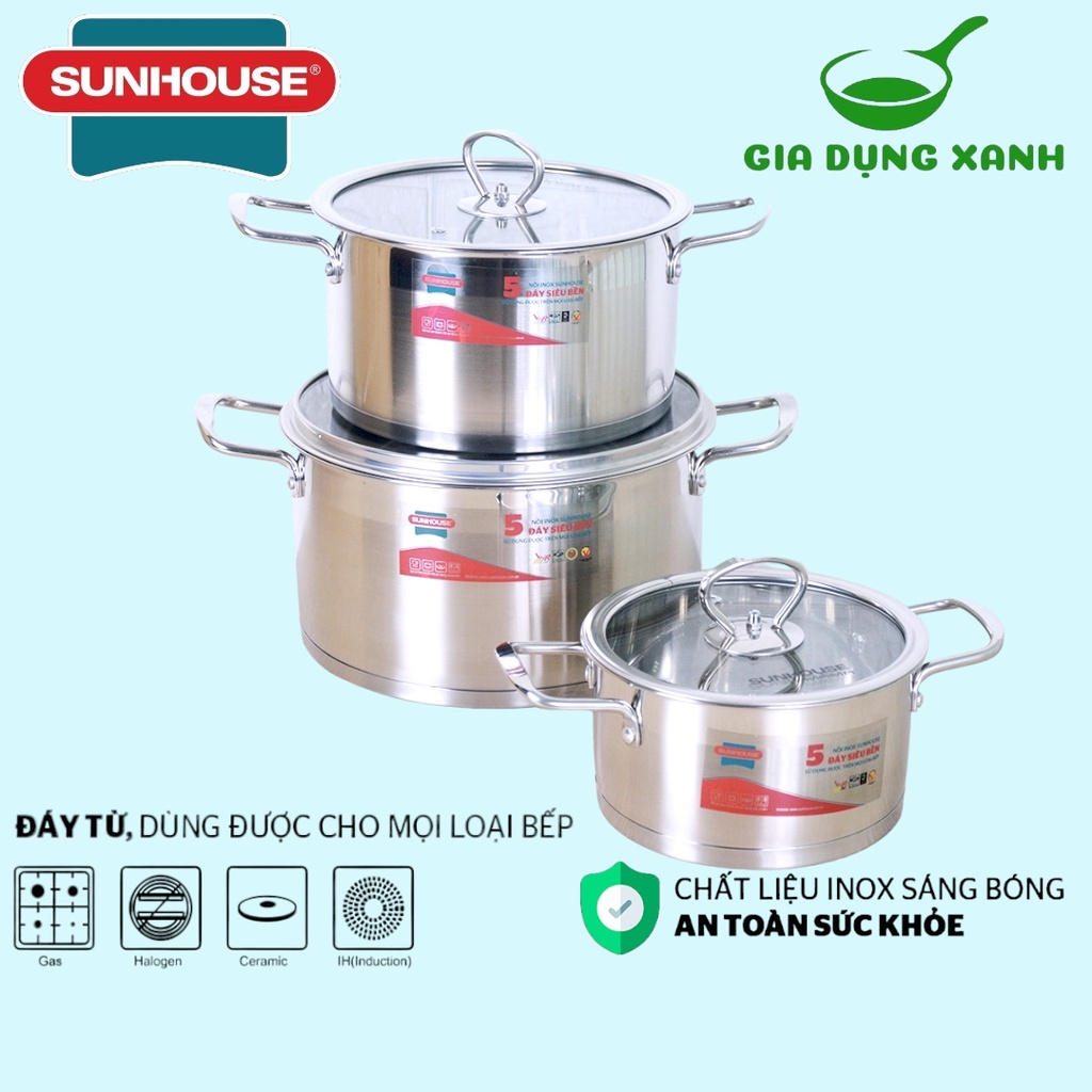 Bộ 3 nồi inox 5 đáy cao cấp bếp từ SUNHOUSE MAMA SH784 kích thước 16-20-24 CM dùng được mọi loại bếp