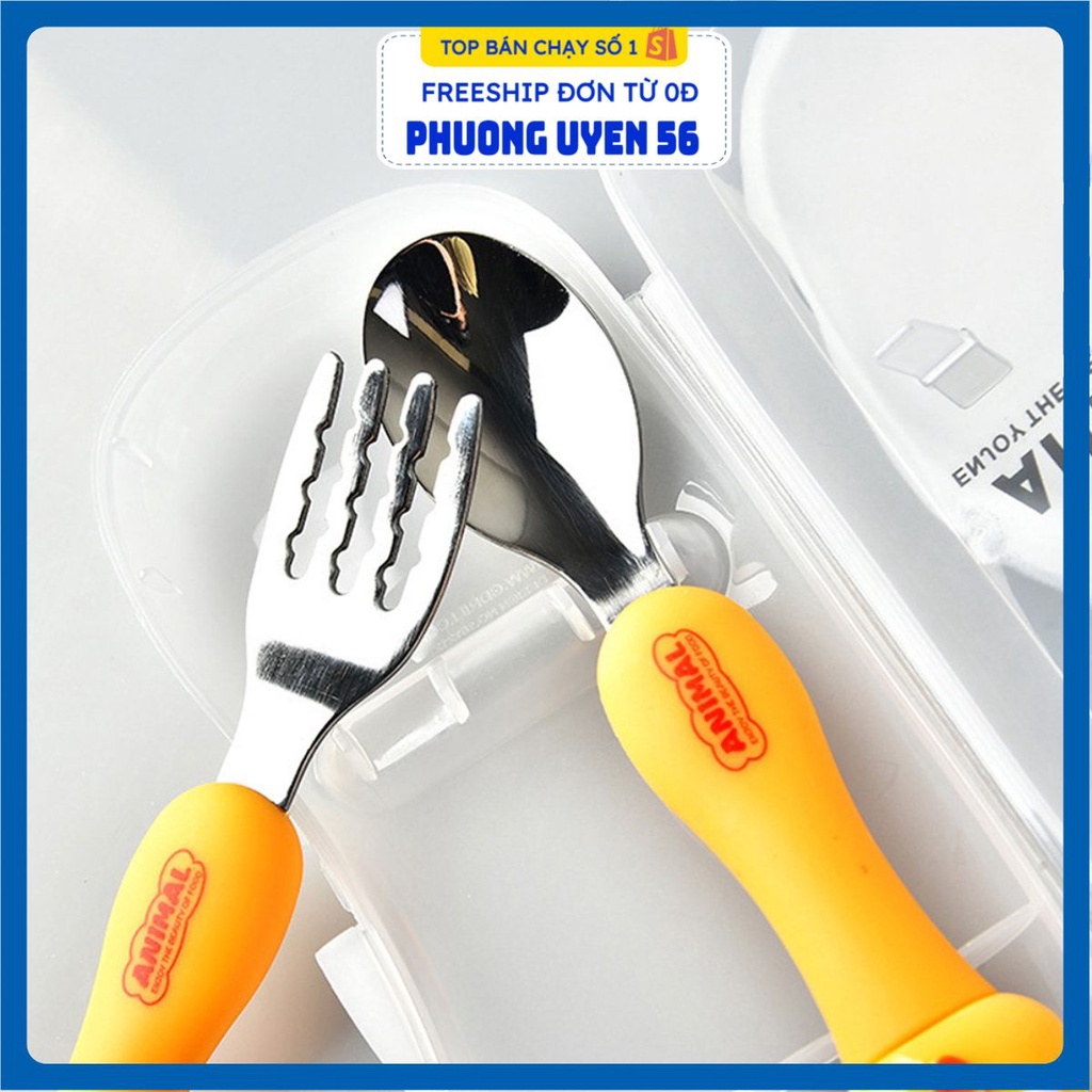 Set Thìa Dĩa inox 304 - Cán Hình Ếch Gà Đáng Yêu - Tặng Hộp Sạch Sẽ