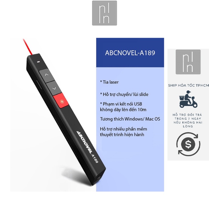 Bút Trình Chiếu Thuyết Trình Wireless ABCNOVEL A189 Có Tia Laser Hỗ Trợ Chuyển Slide Tương Thích Windows Mac