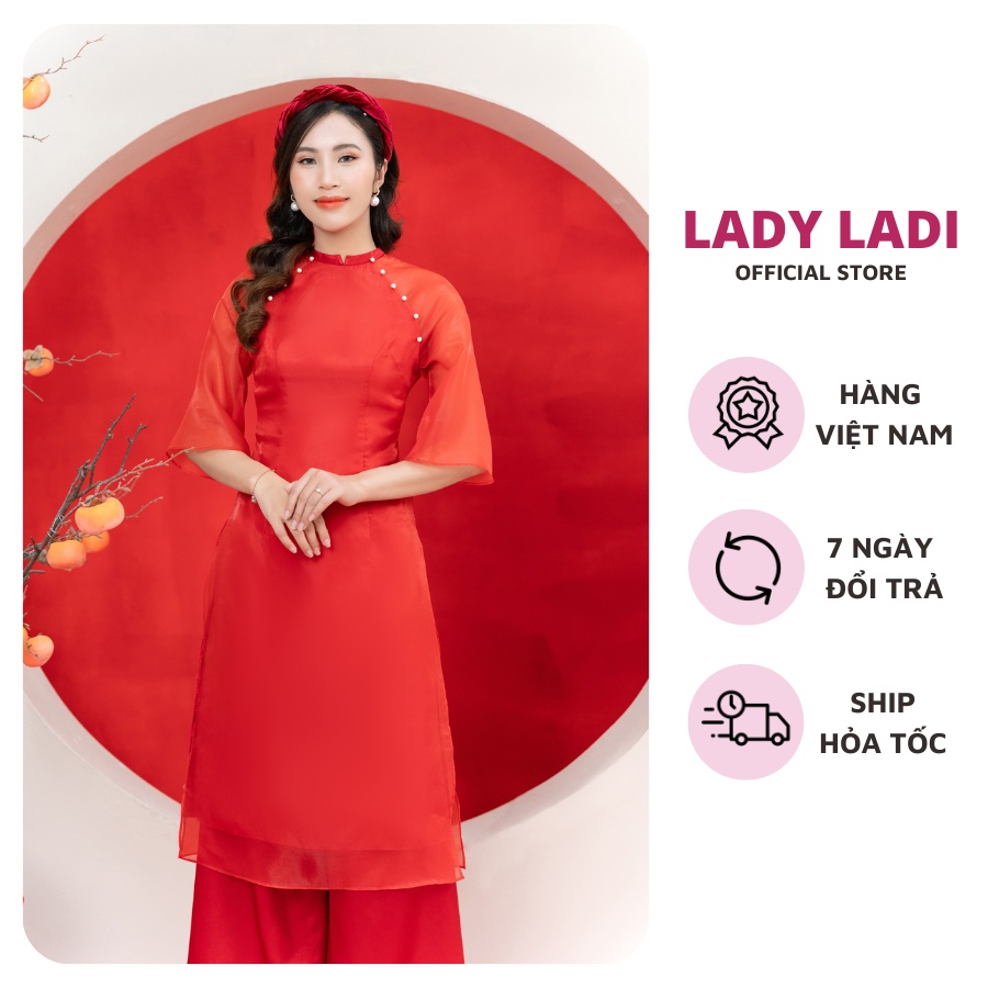 Áo dài cách tân nữ tơ óng organza màu đỏ, đính cúc ngọc, cổ truyền thống cao 2cm SE009