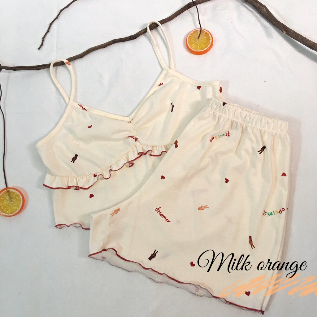 Ariel set - Đồ mặc nhà nữ, hai dây hoa thun cotton 2 chiều RCB01