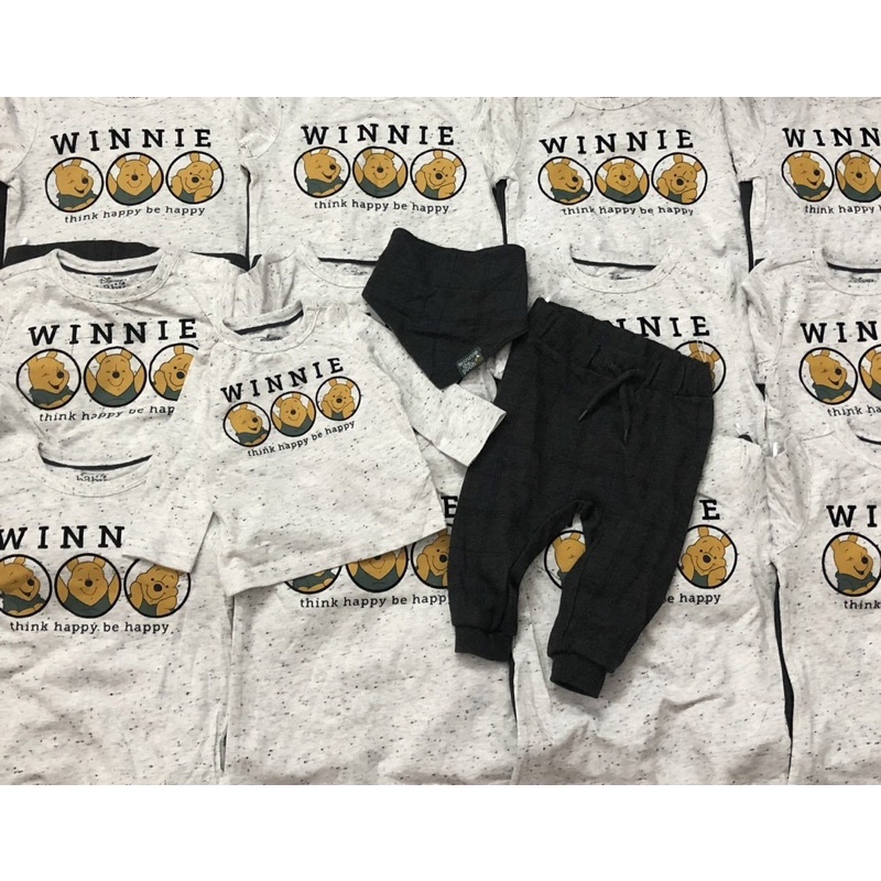 Set 3 chi tiết kèm yếm gấu Pooh c&amp;a dư xịn cho bé trai size từ 5-15 cân