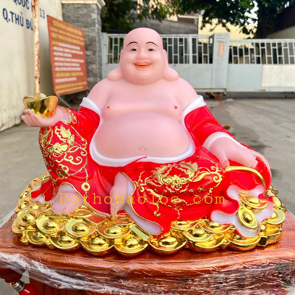 Tượng phật di lạc cầm thỏi vàng bằng đá nhập khẩu cao 25cm màu đỏ phù hộ gia chủ nạp thêm tài lộc bình an