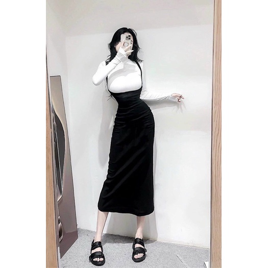 Set Đầm Yếm Maxi Cổ Lọ Tay Dài Phong Cách S44