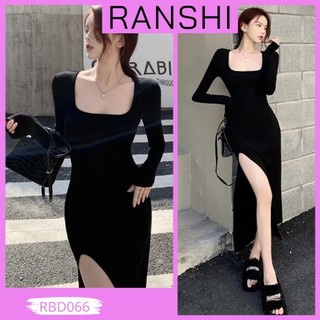 Đầm váy body dáng dài xẻ đùi ranshi váy body dài tay cổ u xẻ tà quyến rũ phong cách hàn quốc đi tiệc đi chơi - rbd062