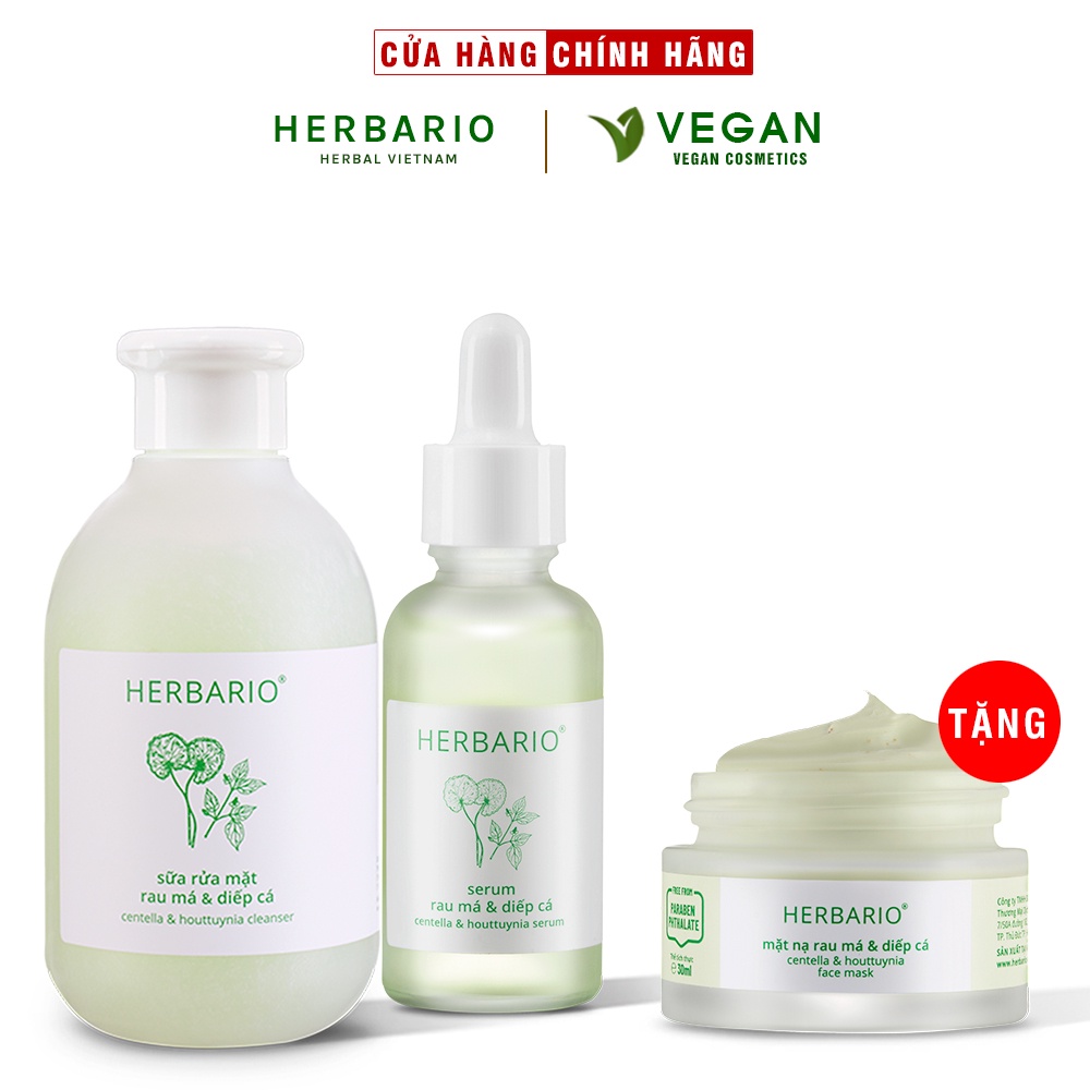 Bộ 3 chăm sóc da mụn cơ bản rau má & Diếp cá Herbario: Sữa rửa măt 200ml + Mặt nạ 30ml + Tinh chất 30ml