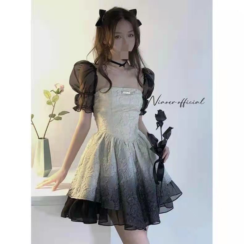 Đầm Tay Phồng Cổ Vuông Màu Đen / Xám Phong Cách Hàn Quốc Thời Trang Mùa Hè Xinh Xắn Cho Nữ