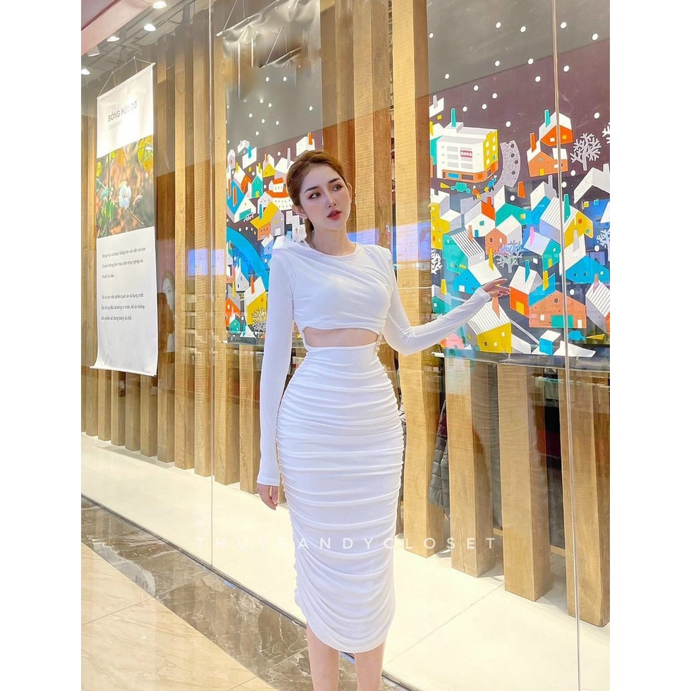 Đầm body tay dài nhún hở eo sexy