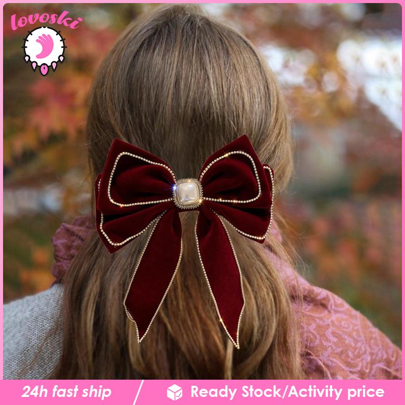 Kẹp Tóc Nơ Đính Đá Đuôi Dài Phong Cách Vintage