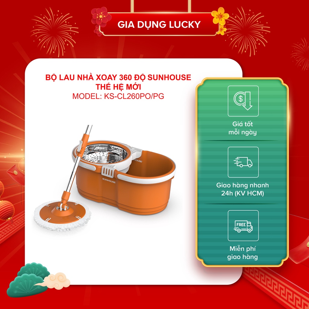 BỘ LAU NHÀ XOAY 360 ĐỘ SUNHOUSE THẾ HỆ MỚI KS-CL260PO/PG