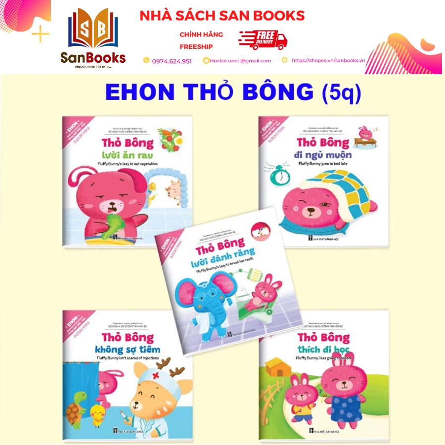 Sách - Bộ Ehon kĩ năng sống Thỏ Bông - song ngữ Việt Anh - Quét mã QR file nghe (5 quyển)