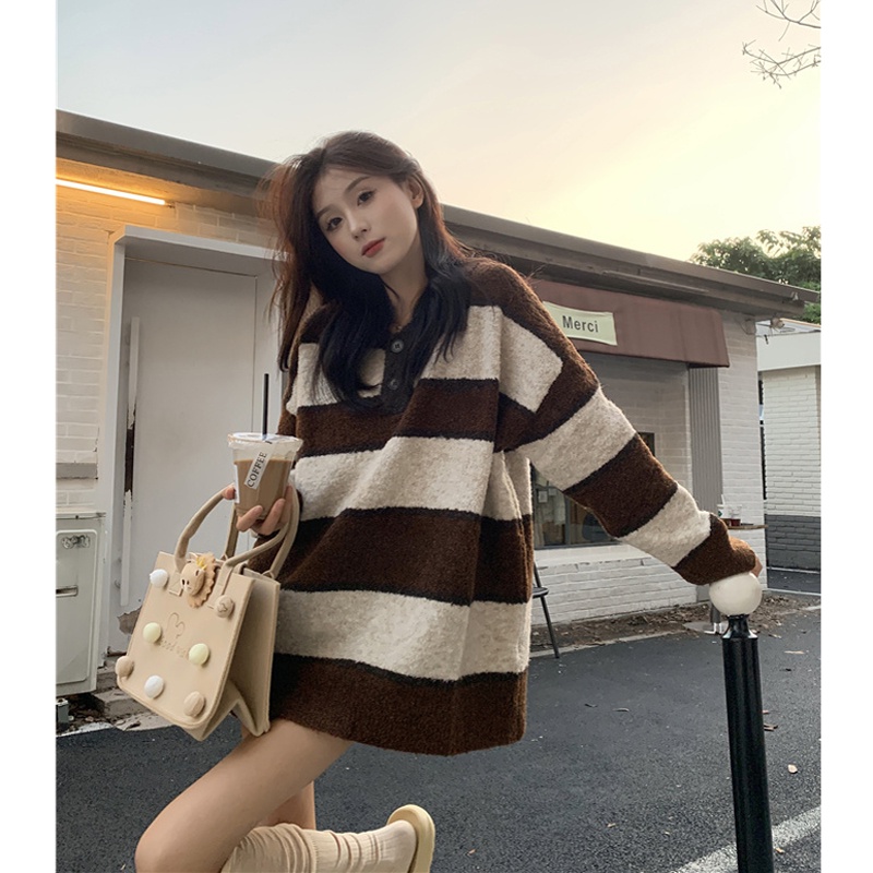 Áo Sweater Cổ Polo Dáng Rộng Kẻ Sọc Phối Màu Tương Phản Kiểu Vintage Cá Tính