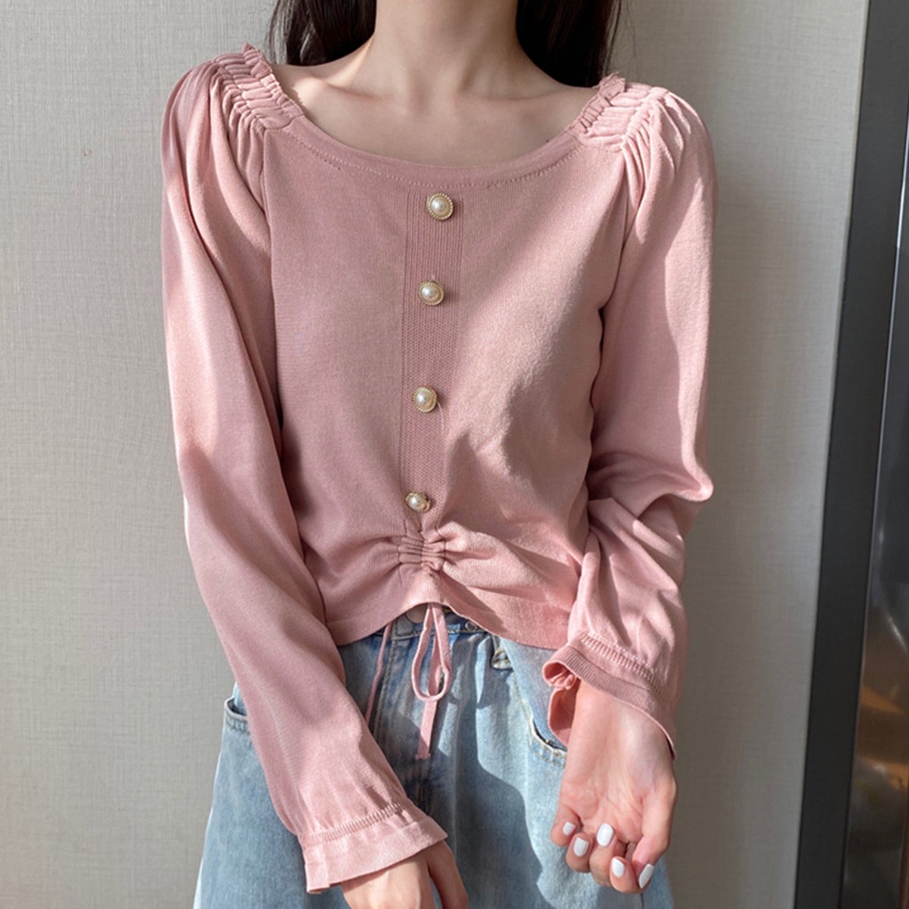 Áo Dệt Kim Tay Dài Viền Gỗ Dây Rút Phong Cách Hàn Quốc