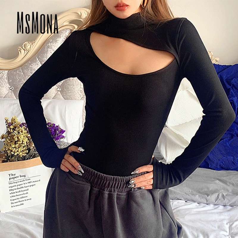 MsMona Áo Thun Tay Dài Cổ Lọ Màu Đen Trơn Quyến Rũ Thời Trang 2022 Cho Nữ